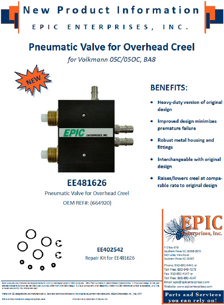 EE481626 Pneumatic Valve for Overhead Creel for Volkmann 05C/05OC, BA8